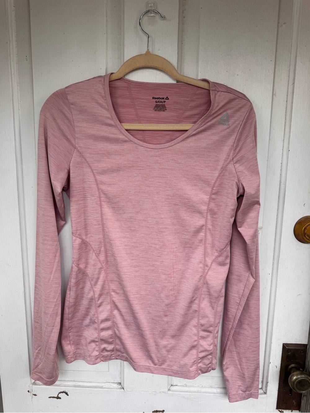 Reebok Pink Heathered Long Sleeve Athletic Top Fitted Workout Tee S